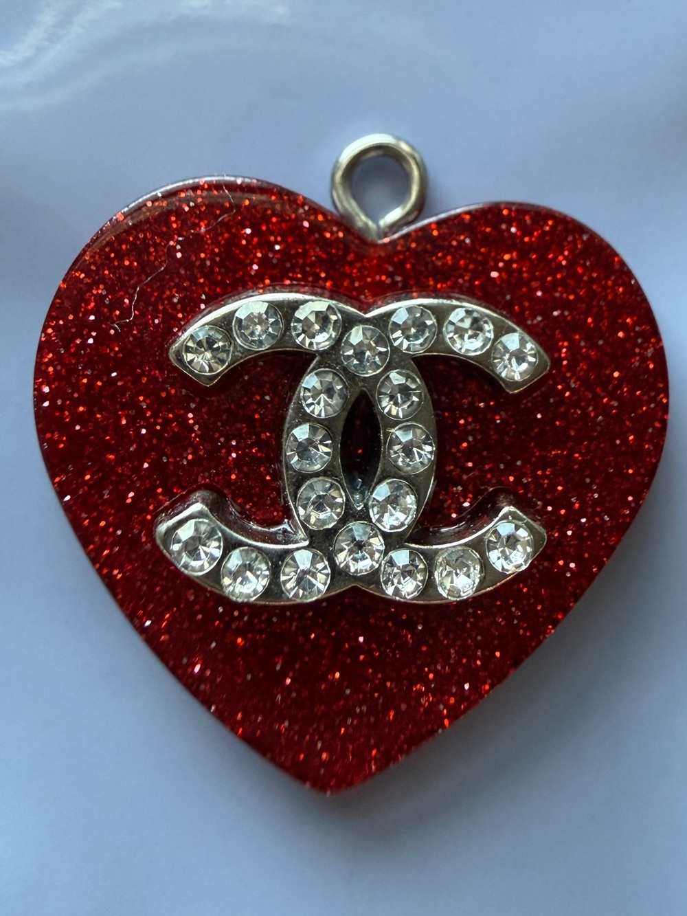 CHANEL Red Glitter Heart 1” Pendant with Silver Logo Tag